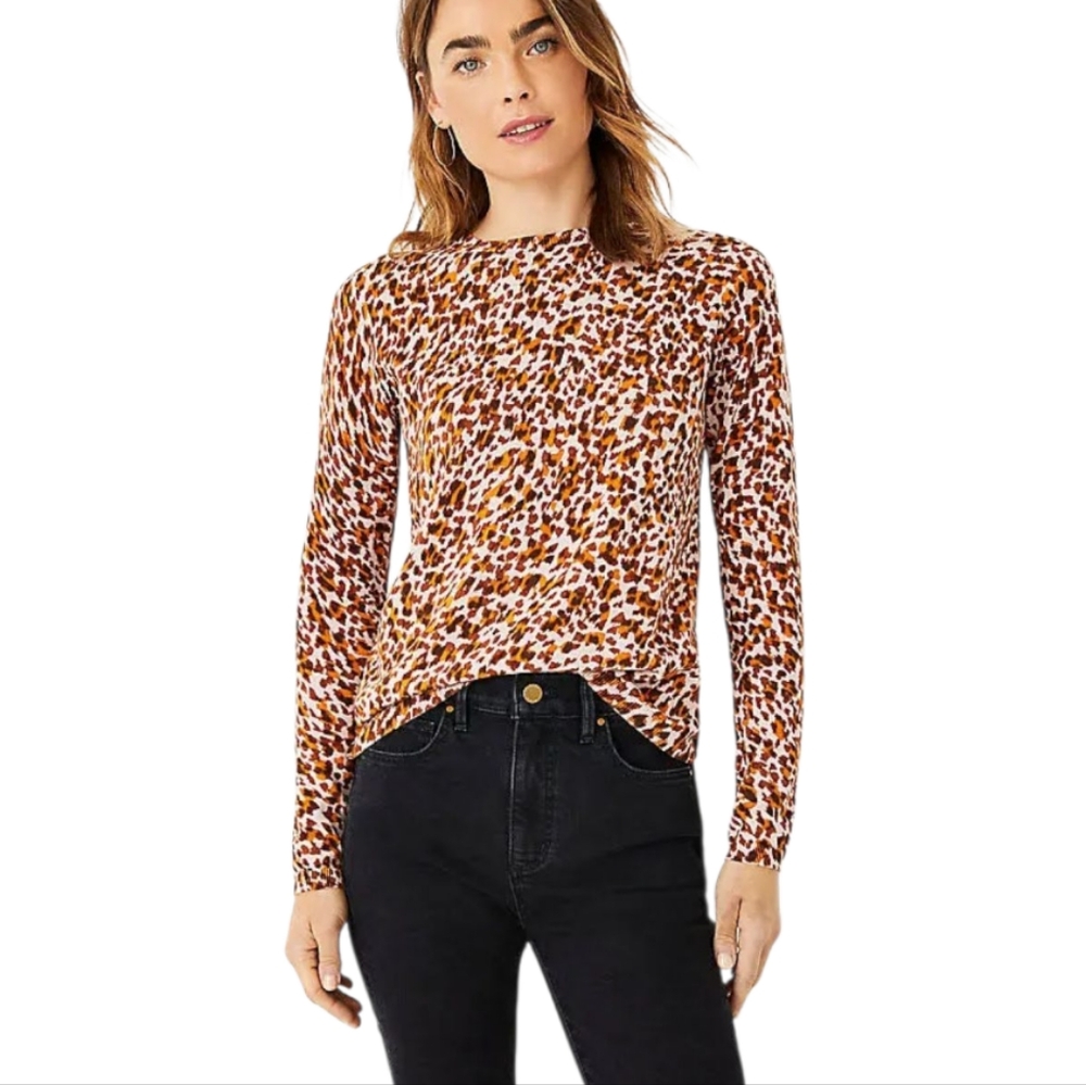 Ann Taylor Womens Leopard Print Crew Neck Long Sleeve Knit Sweater Tan Brown L